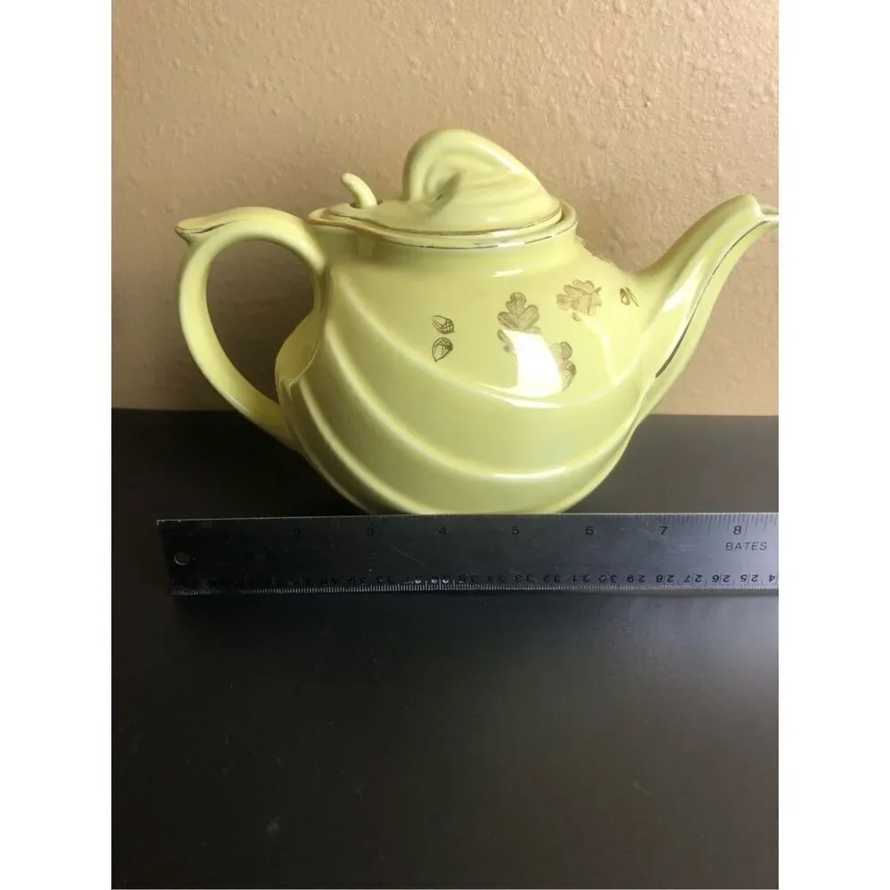 Retro Hall Teapot Canary Gold Label Parade Hook Yellow With Gold Oak Leaves 1950